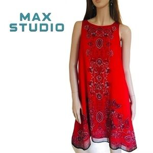 MAX Studio Asymmetrical Handkerchief Hanky Hem Red Graphic Print Butterflies